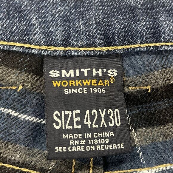 Smiths Workwear Mens 42X30 Dark Wash Flannel Lined Heavy Duty Straight Leg Jeans - Picture 3 of 5